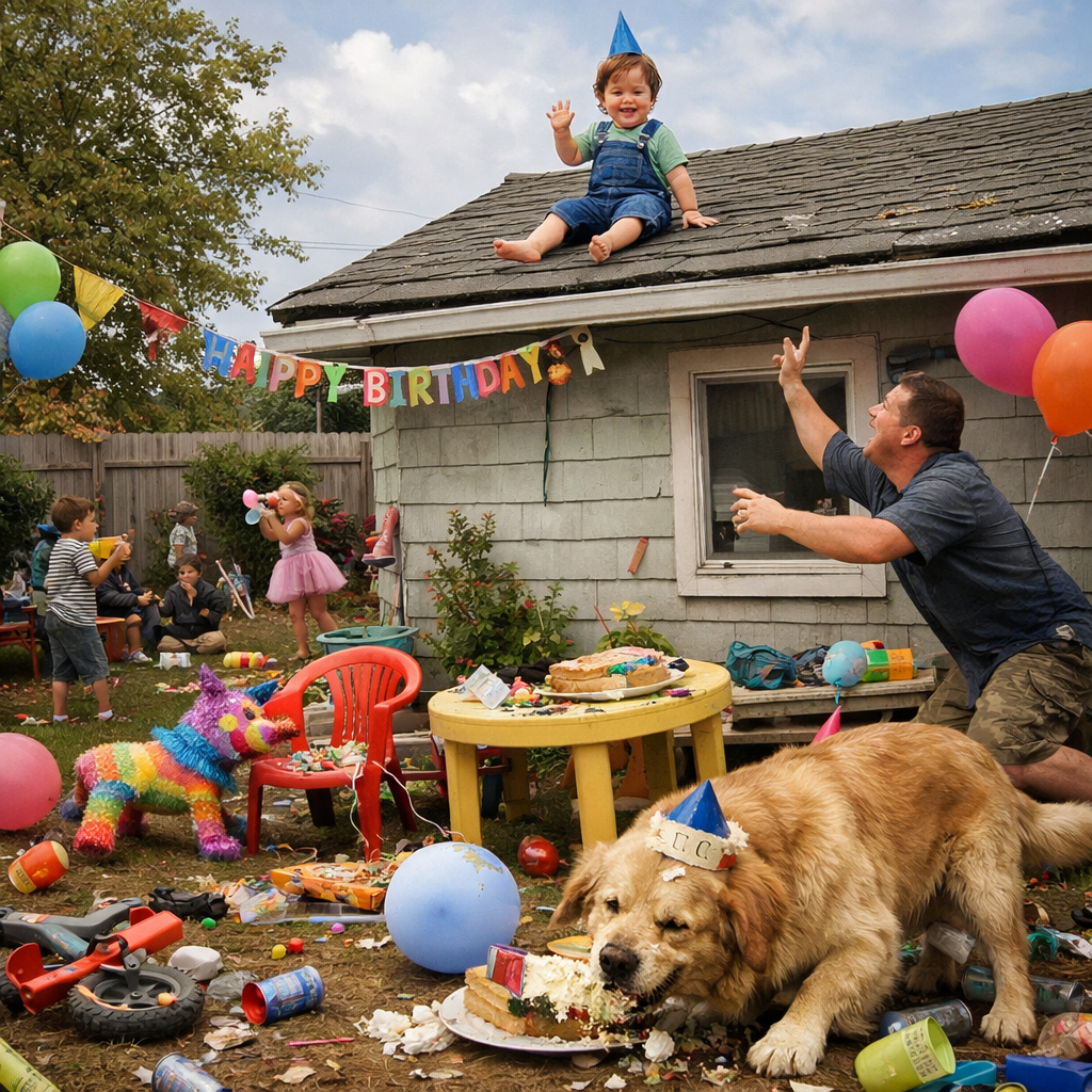 Child on roof waving, a man reaching up, dog eating cake on ground, kids playing at a messy birthday party